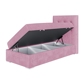 Łóżko kontynentalne 90x200 cm Tondela z pojemnikiem i topperem różowe welur hydrofobowy prawostronne