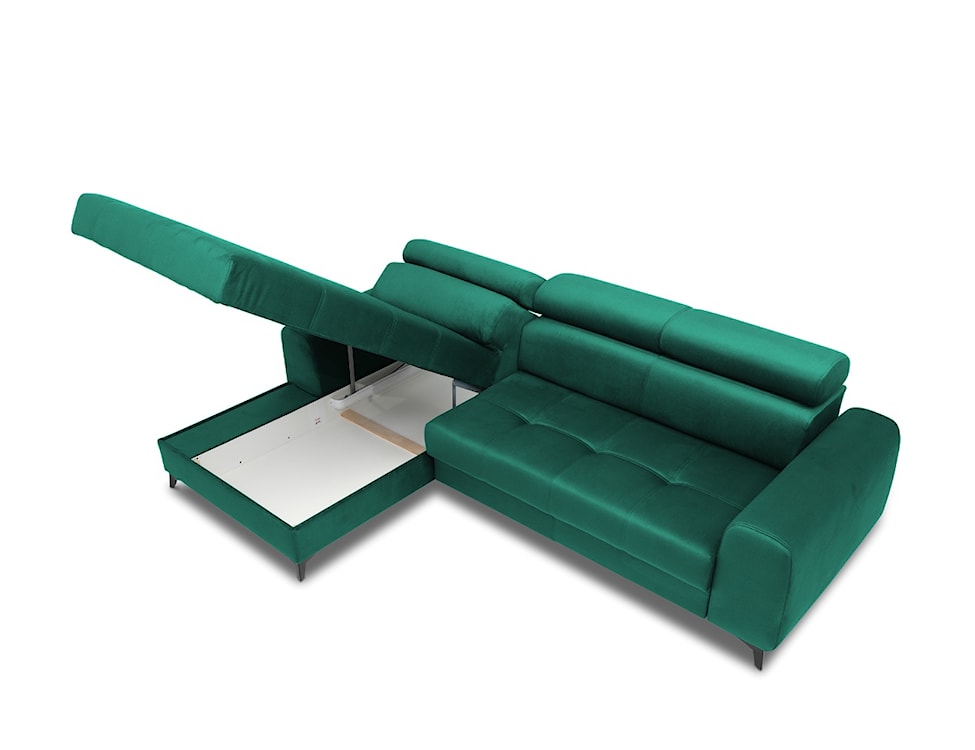 Narożnik z funkcją spania Palmela L-kształtny z elektrycznie wysuwanym siedziskiem i pojemnikiem zielony welur hydrofobowy lewostronny  - zdjęcie 5