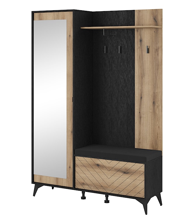 Zestaw do przedpokoju Boulia z lustrem i siedziskiem Czarny/Dąb Evoke jodełka 