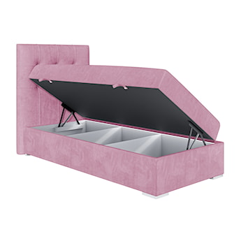 Łóżko kontynentalne 90x200 cm Tondela z pojemnikiem i topperem różowe welur hydrofobowy lewostronne