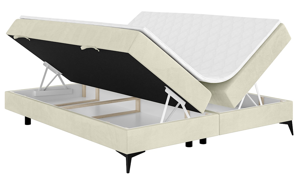 Łóżko kontynentalne Baseo niskie 160x200 cm bez wezgłowia z pojemnikami i topperem kremowe welur hydrofobowy  - zdjęcie 3