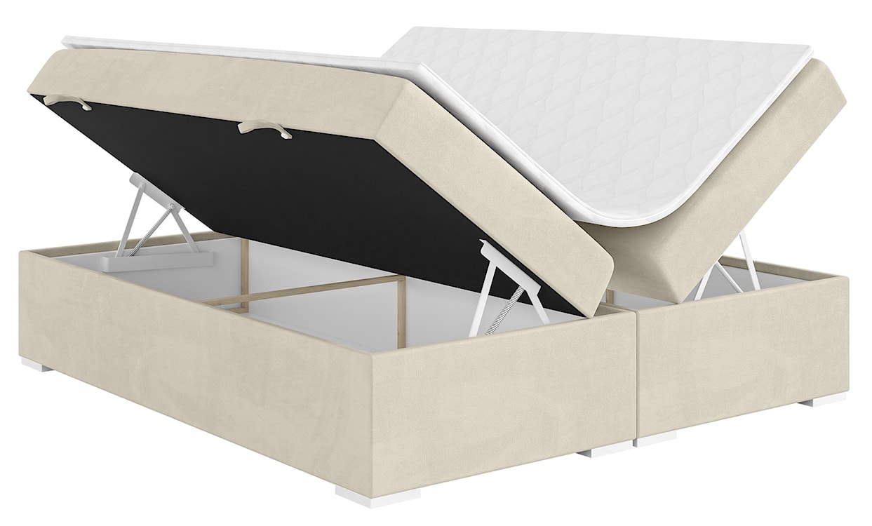 Łóżko kontynentalne Baseo wysokie 160x200 cm bez wezgłowia z pojemnikami i topperem kremowe welur hydrofobowy  - zdjęcie 3