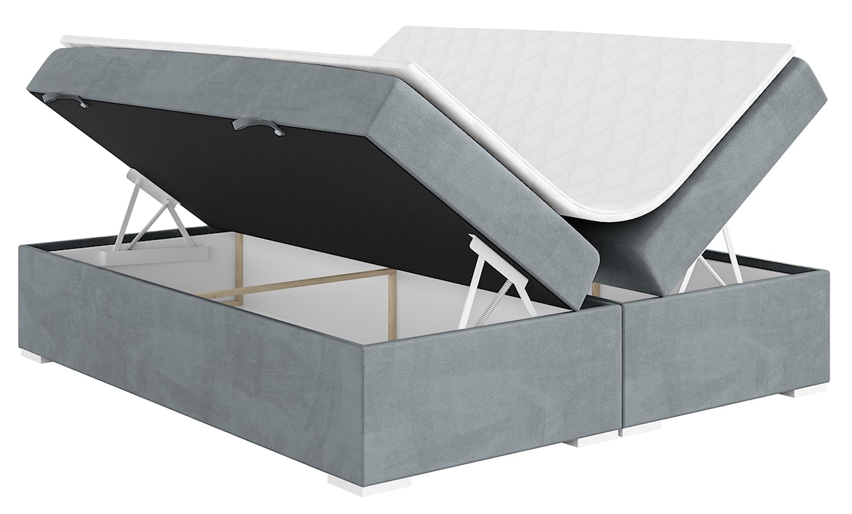 Łóżko kontynentalne Baseo wysokie 160x200 cm bez wezgłowia z pojemnikami i topperem jasnoszare welur hydrofobowy  - zdjęcie 3