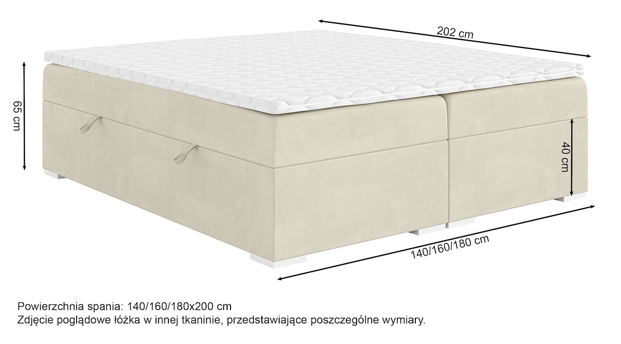 Łóżko kontynentalne Baseo wysokie 160x200 cm bez wezgłowia z pojemnikami i topperem kremowe welur hydrofobowy  - zdjęcie 5