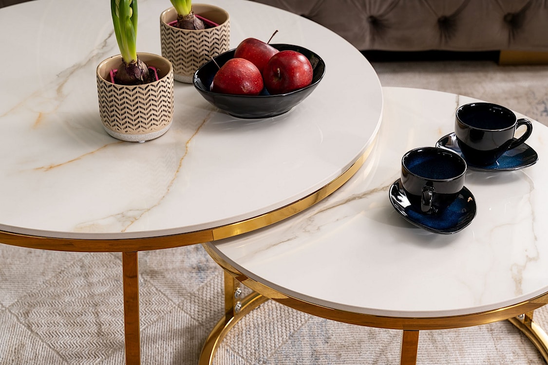 Zestaw dwóch stolików kawowych Portafino biały marmur/ złota podstawa  - zdjęcie 6