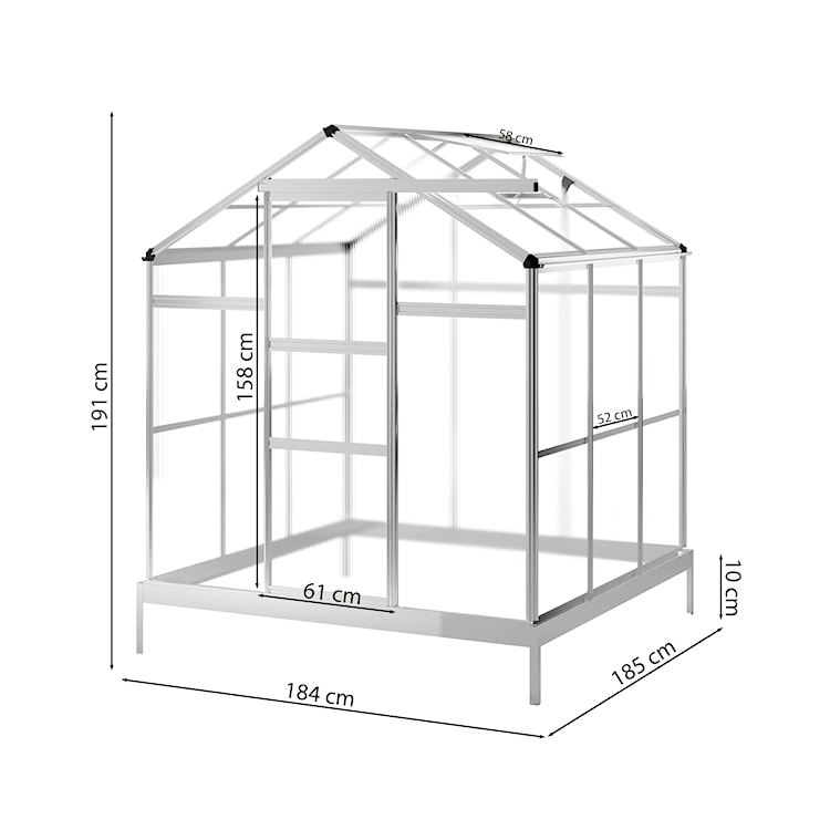 Szklarnia ogrodowa aluminiowa poliwęglanowa 3,4 m2 trzysekcyjna z fundamentem 184x185 cm srebrna  - zdjęcie 5