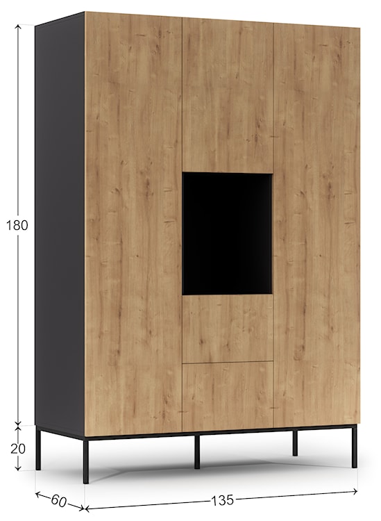 Szafa trzydrzwiowa Jammad 135 cm z dwiema szufladami czarna / dąb artisan  - zdjęcie 4