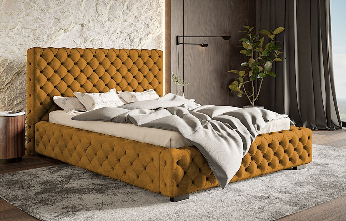Łóżko tapicerowane 180x200 cm Forestera z pojemnikiem i pikowaniem musztardowe  - zdjęcie 2