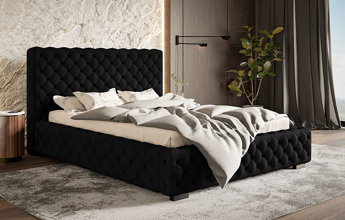 Łóżko tapicerowane 140x200 cm Forestera z pojemnikiem i pikowaniem czarne  - zdjęcie 2