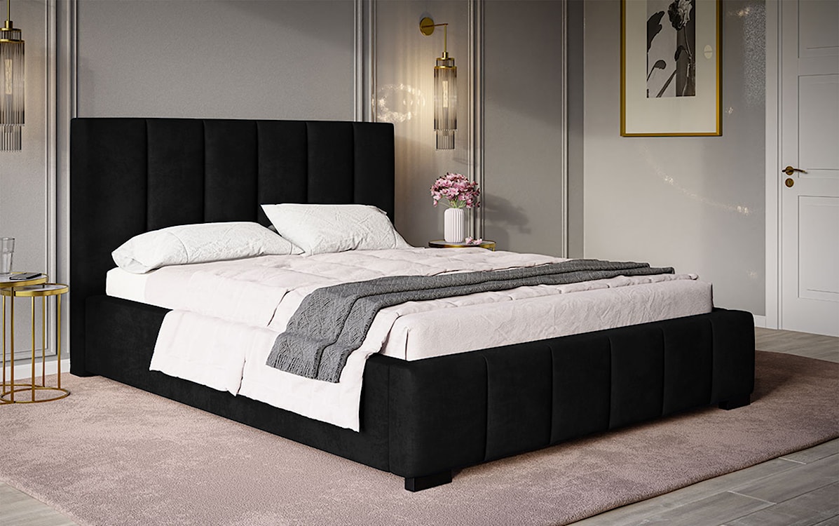 Łóżko tapicerowane 140x200 cm Forestera z pojemnikiem i pionowymi przeszyciami czarne  - zdjęcie 2