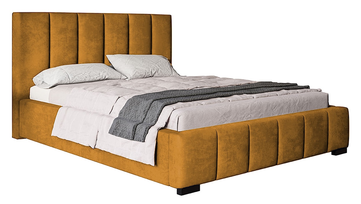 Łóżko tapicerowane 180x200 cm Forestera z pojemnikiem i pionowymi przeszyciami musztardowe