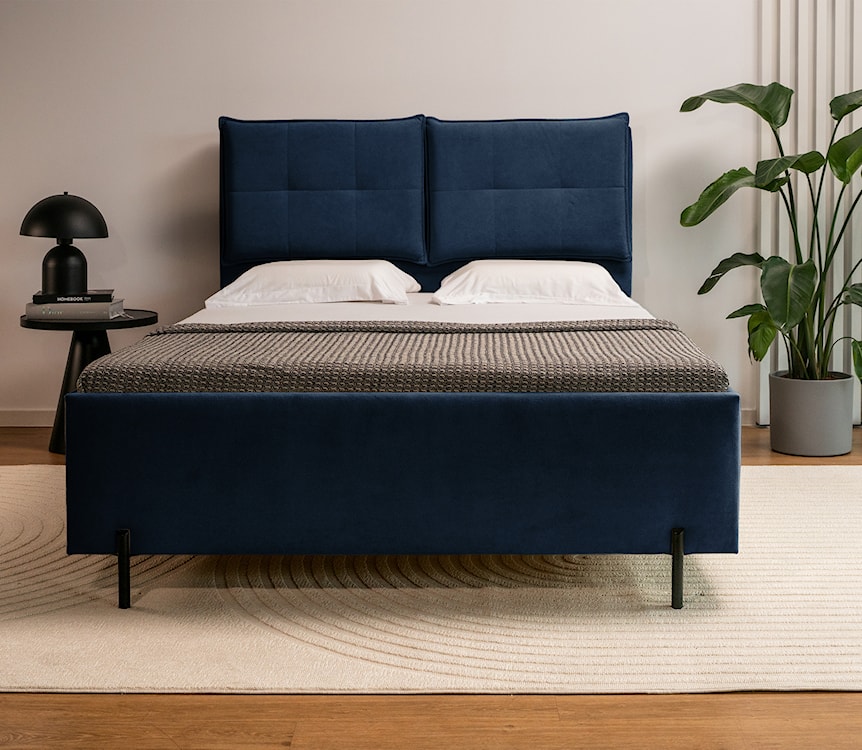 Łóżko tapicerowane z regulowanymi zagłówkami 160x200 cm Belleo z pojemnikiem granatowe szenil hydrofobowy  - zdjęcie 2