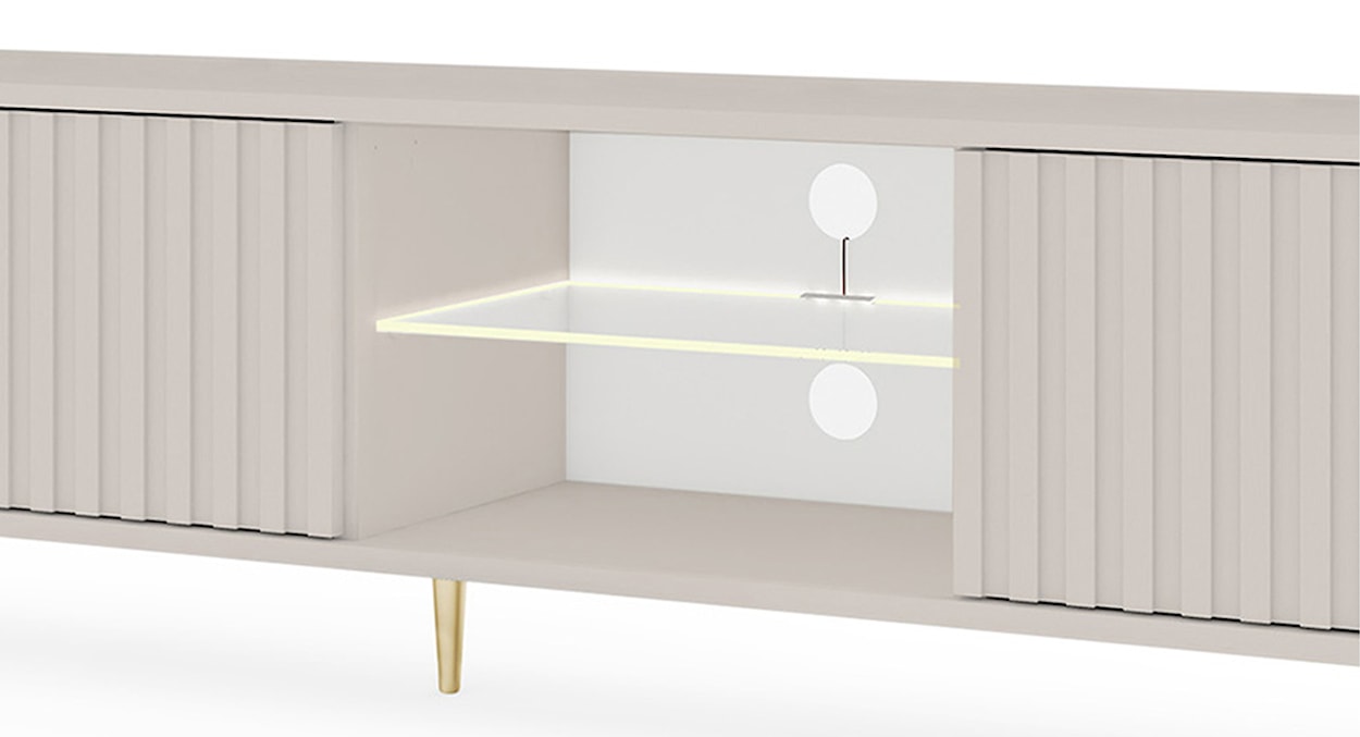 Szafka RTV trzydrzwiowa Bello z lamelowymi frontami i szklaną półką z oświetleniem LED 175 cm kaszmir na złotych nóżkach  - zdjęcie 10
