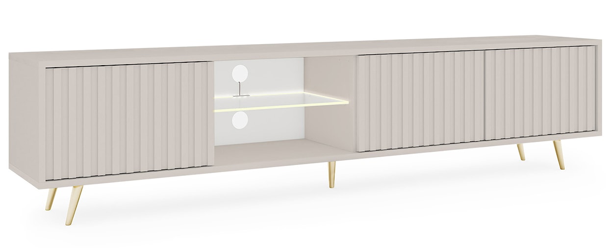 Szafka RTV trzydrzwiowa Bello z lamelowymi frontami i szklaną półką z oświetleniem LED 175 cm kaszmir na złotych nóżkach  - zdjęcie 2