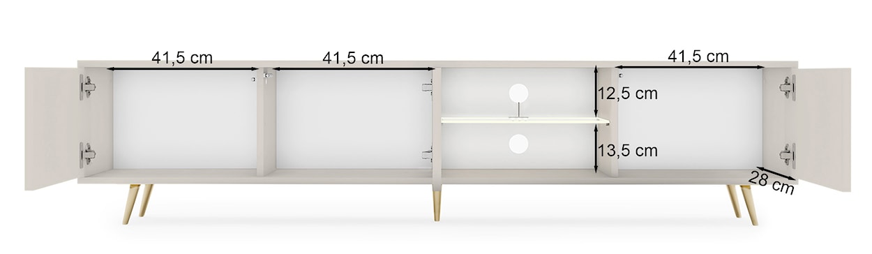 Szafka RTV trzydrzwiowa Bello z lamelowymi frontami i szklaną półką z oświetleniem LED 175 cm kaszmir na złotych nóżkach  - zdjęcie 12