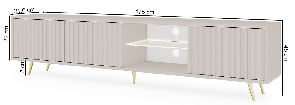 Szafka RTV trzydrzwiowa Bello z lamelowymi frontami i szklaną półką z oświetleniem LED 175 cm kaszmir na złotych nóżkach  - zdjęcie 11
