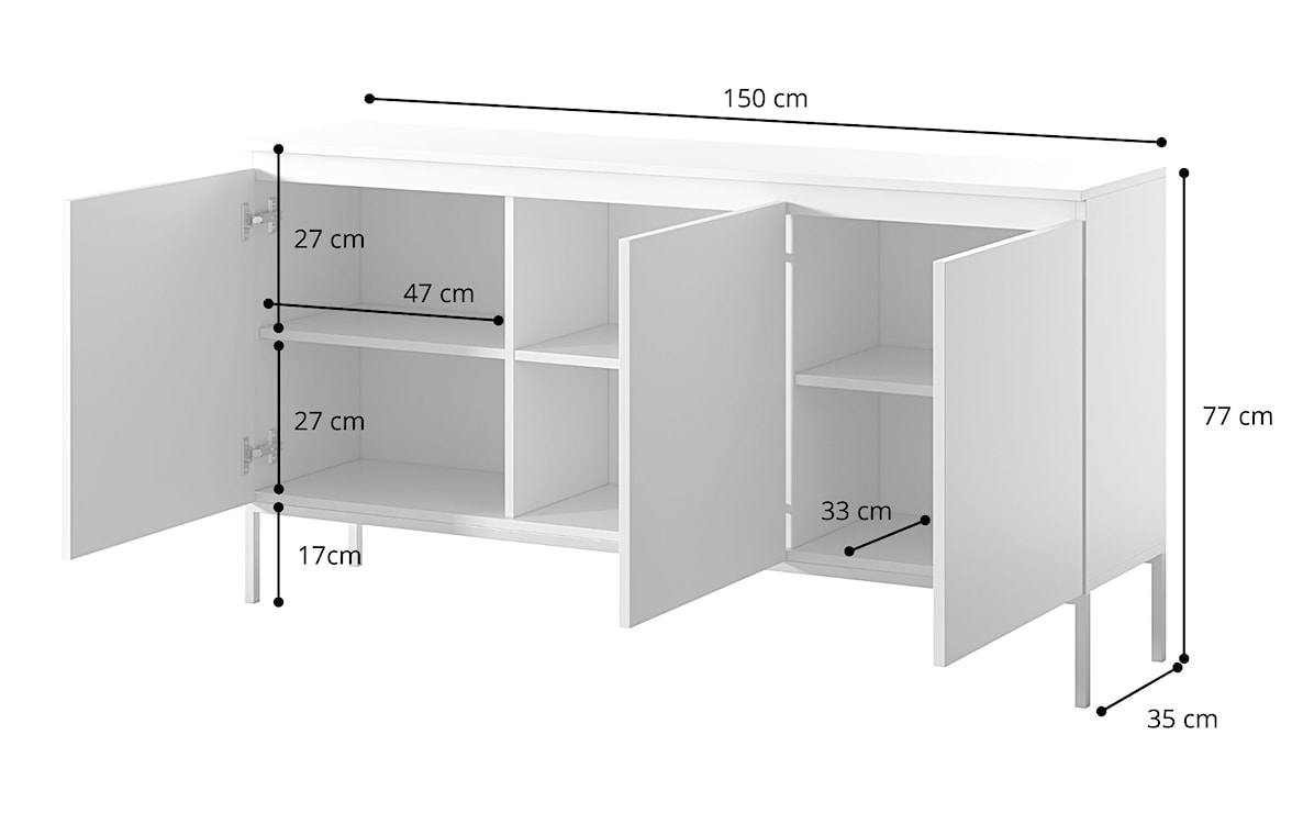 Komoda trzydrzwiowa Bemmi 150 cm biała z czarnymi nogami  - zdjęcie 7