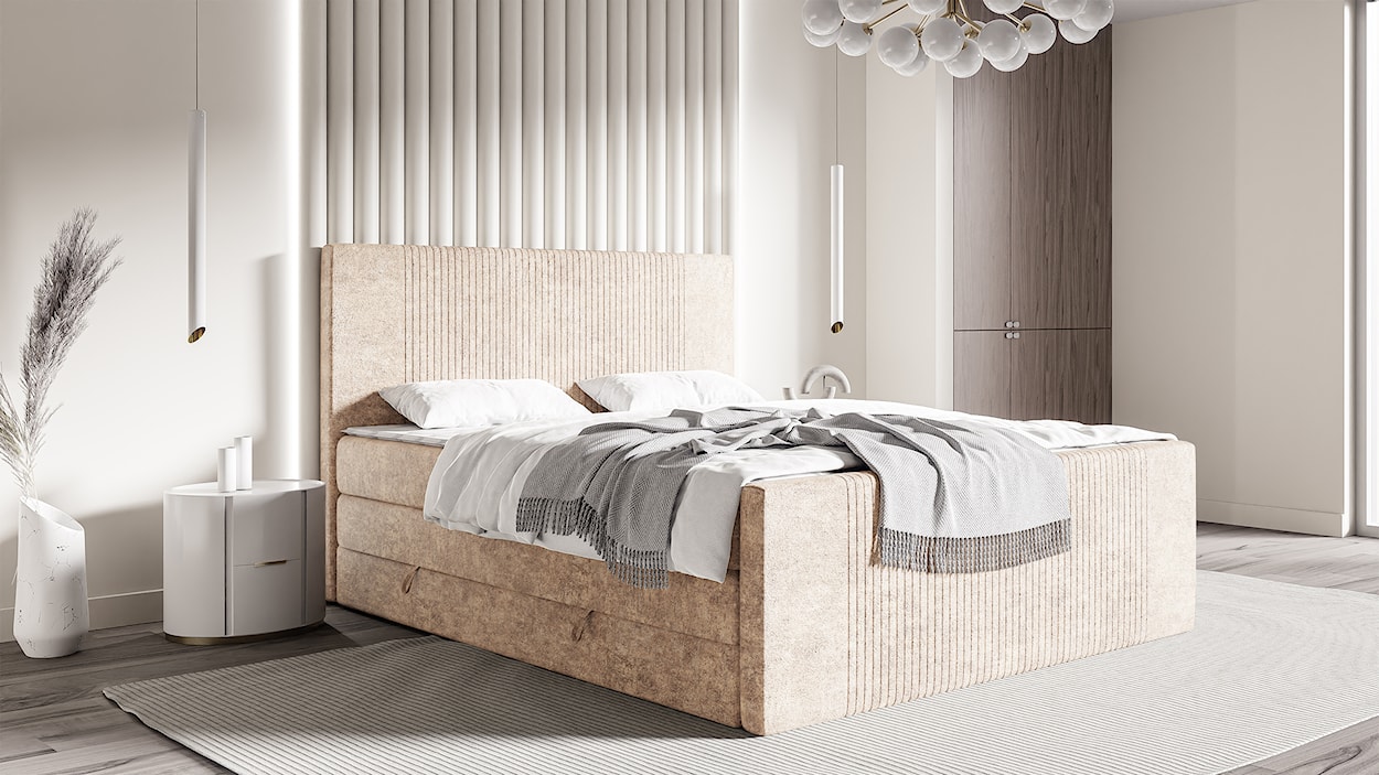 Łóżko kontynentalne 180x200 cm Martese z pojemnikami i topperem kremowe welur  - zdjęcie 2