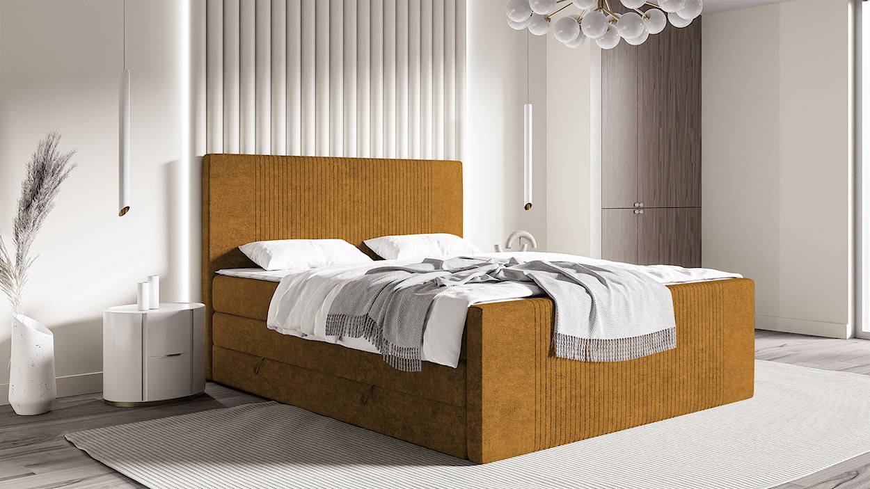 Łóżko kontynentalne 160x200 cm Martese z pojemnikami i topperem musztardowe welur  - zdjęcie 2