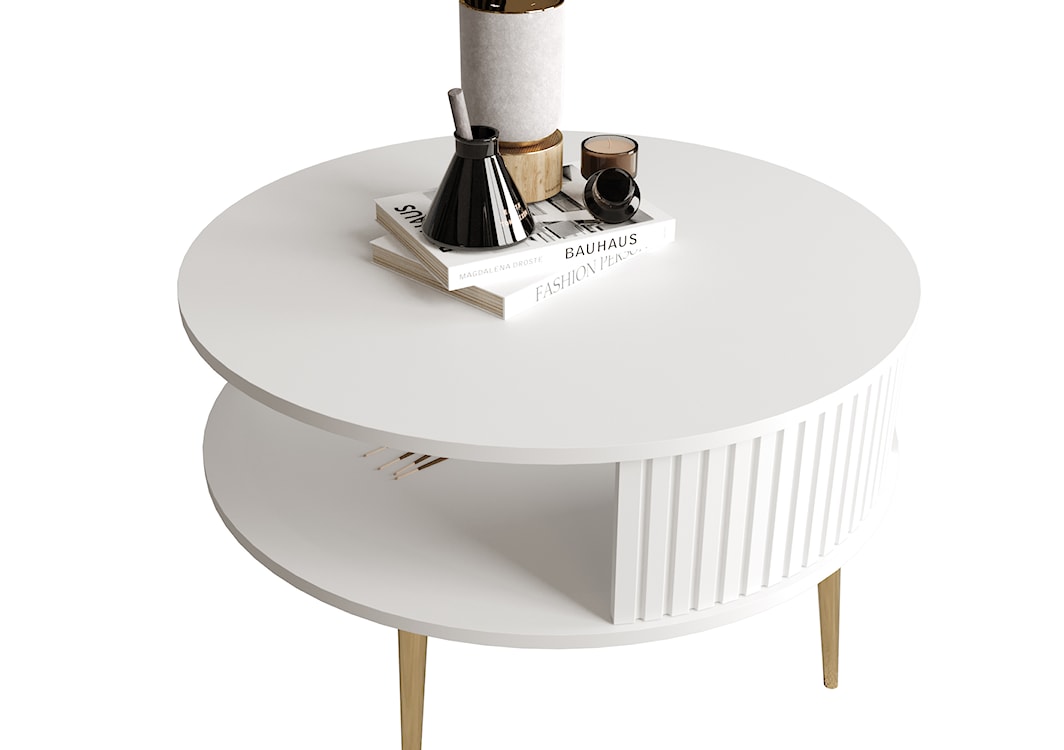 Stolik kawowy Piviano okrągły 76 cm biały ze złotymi nóżkami lamele  - zdjęcie 4