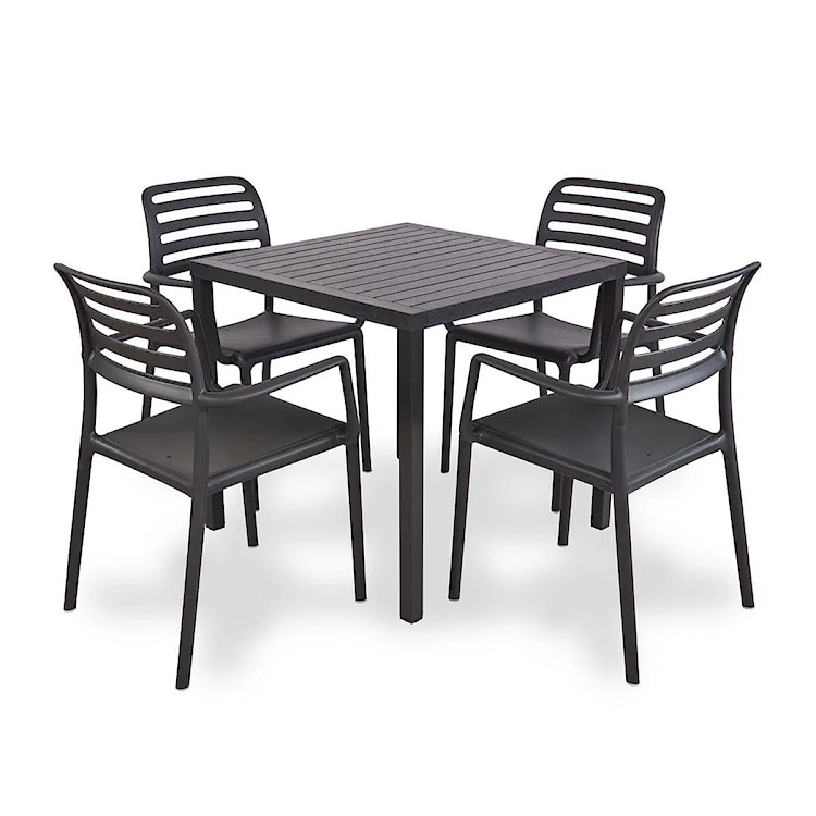 Zestaw ogrodowy stół kwadratowy Cube 80 cm i 4 krzesła z podłokietnikami Costa Nardi z certyfikowanego tworzywa antracytowy 