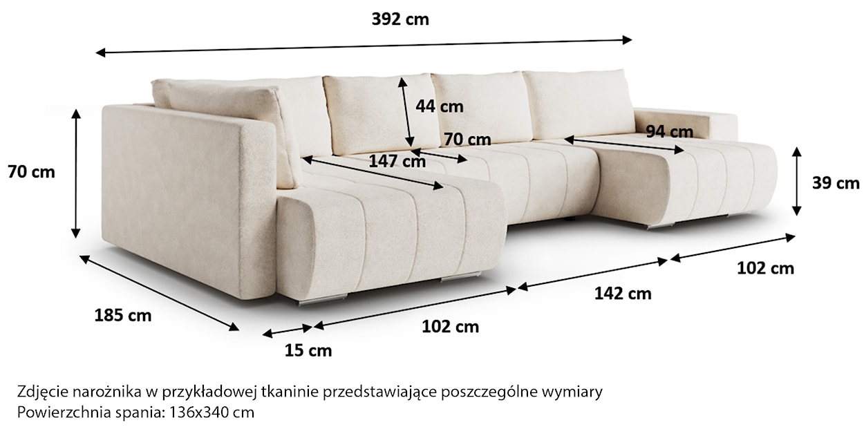 Narożnik z funkcją spania Blur U-kształtny prawostronny z pojemnikiem jasnoszary plecionka hydrofobowa  - zdjęcie 5