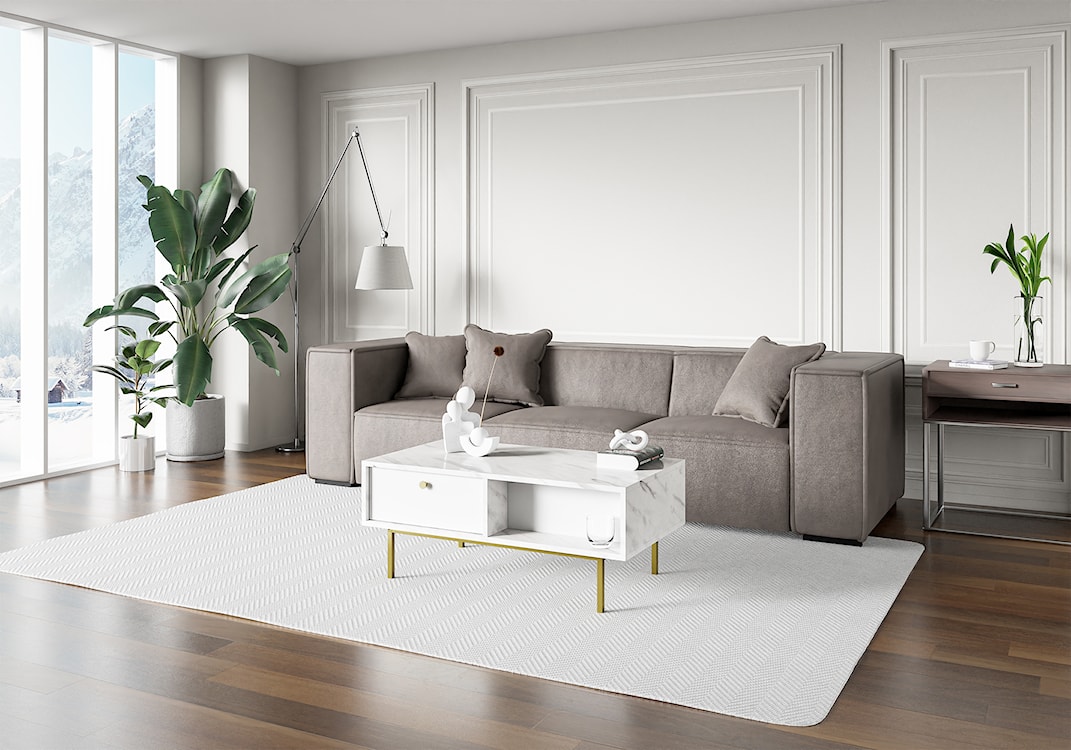Stolik kawowy Flow z szufladą 110x60 cm biały marmur ze złotymi nogami  - zdjęcie 5