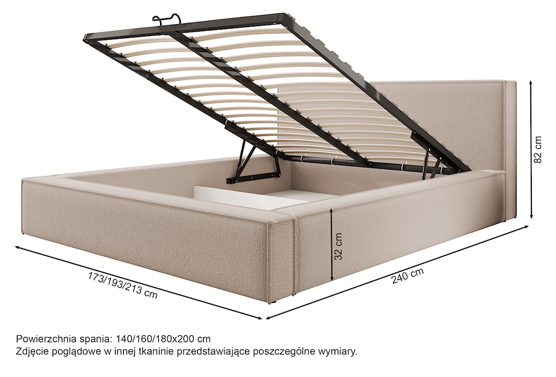 Łóżko tapicerowane 180x200 cm Bocalio z pojemnikiem stelaż metalowy kremowe boucle  - zdjęcie 5