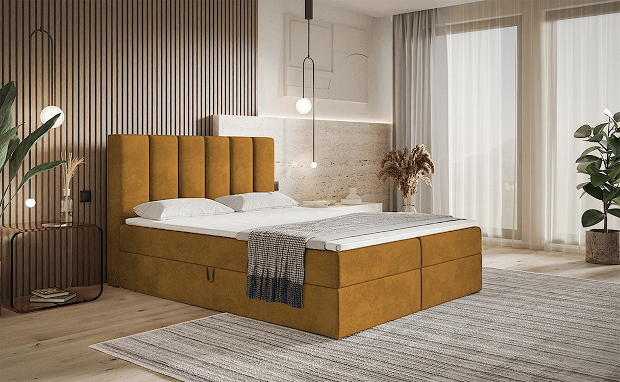 Łóżko kontynentalne 180x200 cm Balzetti z pionowymi panelami na wezgłowiu z pojemnikami i topperem materac pocketowy musztardowe  - zdjęcie 2