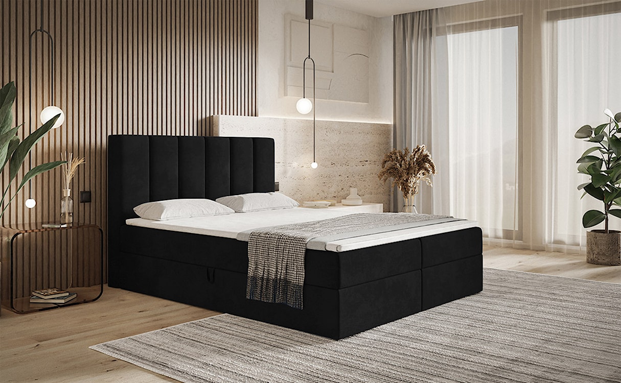 Łóżko kontynentalne 140x200 cm Balzetti z pionowymi panelami na wezgłowiu z pojemnikami i topperem materac pocketowy czarne  - zdjęcie 2
