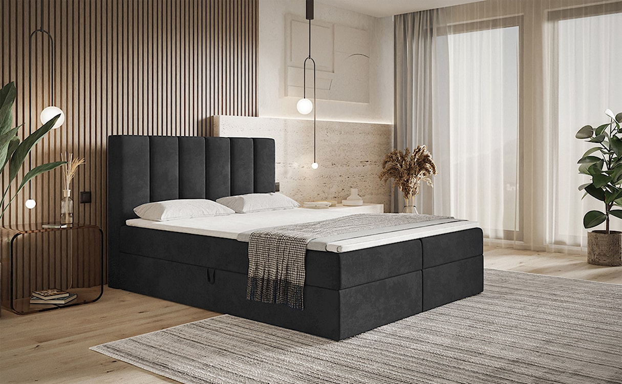 Łóżko kontynentalne 180x200 cm Balzetti z pionowymi panelami na wezgłowiu z pojemnikami i topperem materac pocketowy ciemnoszare  - zdjęcie 2