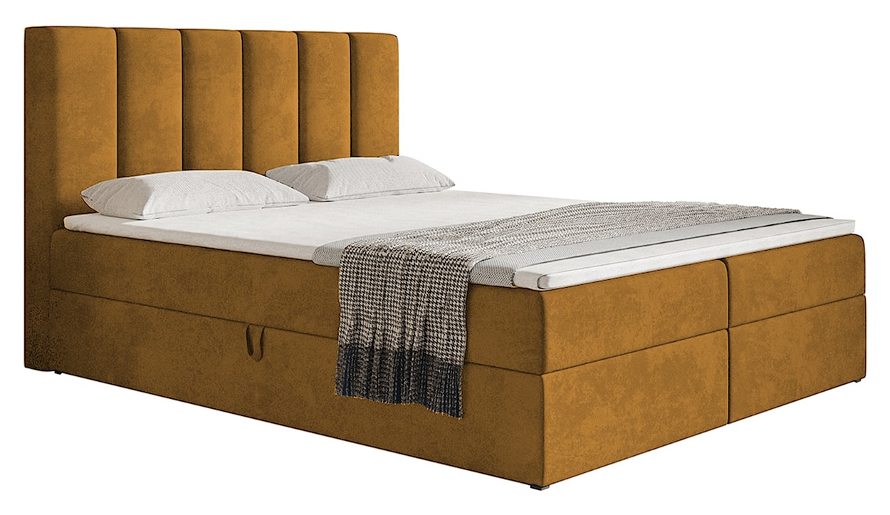 Łóżko kontynentalne 160x200 cm Balzetti z pionowymi panelami na wezgłowiu z pojemnikami i topperem materac pocketowy musztardowe
