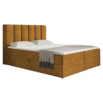 Łóżko kontynentalne 160x200 cm Balzetti z pionowymi panelami na wezgłowiu z pojemnikami i topperem materac pocketowy musztardowe