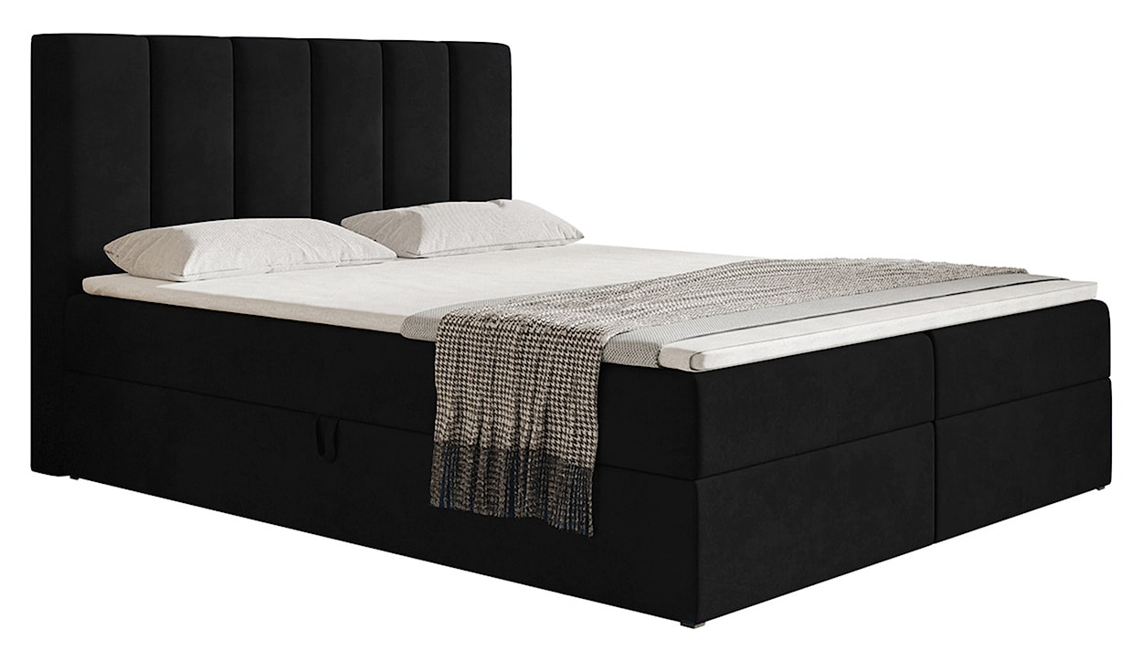 Łóżko kontynentalne 180x200 cm Balzetti z pionowymi panelami na wezgłowiu z pojemnikami i topperem materac pocketowy czarne
