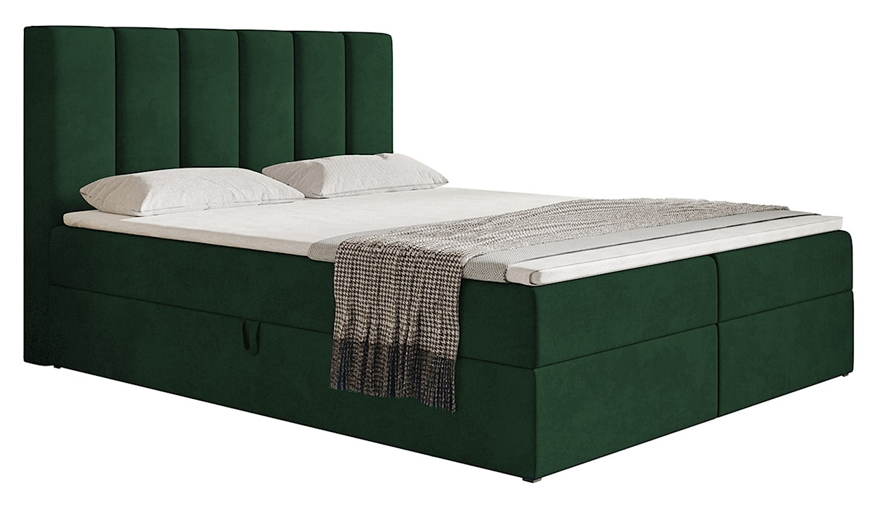 Łóżko kontynentalne 180x200 cm Balzetti z pionowymi panelami na wezgłowiu z pojemnikami i topperem materac pocketowy ciemnozielone