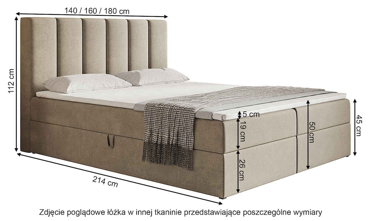 Łóżko kontynentalne 140x200 cm Balzetti z pionowymi panelami na wezgłowiu z pojemnikami i topperem materac pocketowy czarne  - zdjęcie 4