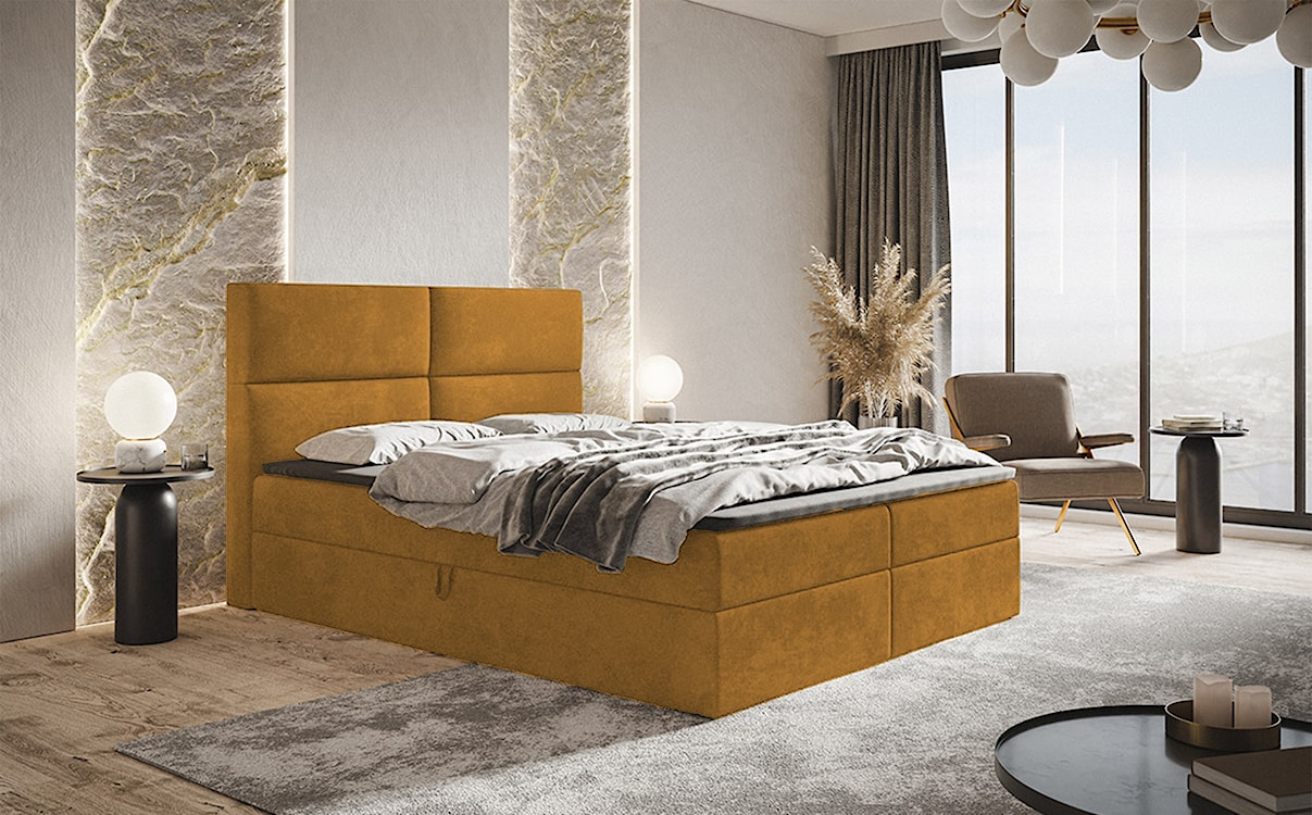 Łóżko kontynentalne 160x200 cm Balzetti z poziomymi panelami na wezgłowiu z pojemnikami i topperem materac pocketowy musztardowe  - zdjęcie 2