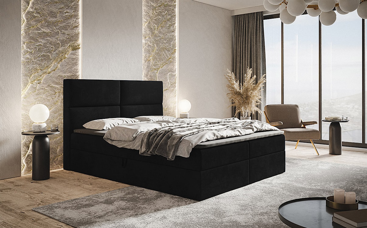 Łóżko kontynentalne 180x200 cm Balzetti z poziomymi panelami na wezgłowiu z pojemnikami i topperem materac pocketowy czarne  - zdjęcie 2