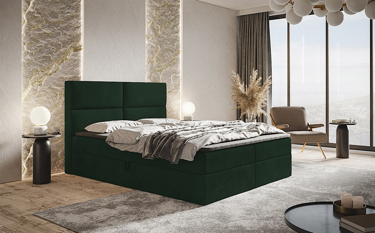 Łóżko kontynentalne 180x200 cm Balzetti z poziomymi panelami na wezgłowiu z pojemnikami i topperem materac pocketowy ciemnozielone  - zdjęcie 2