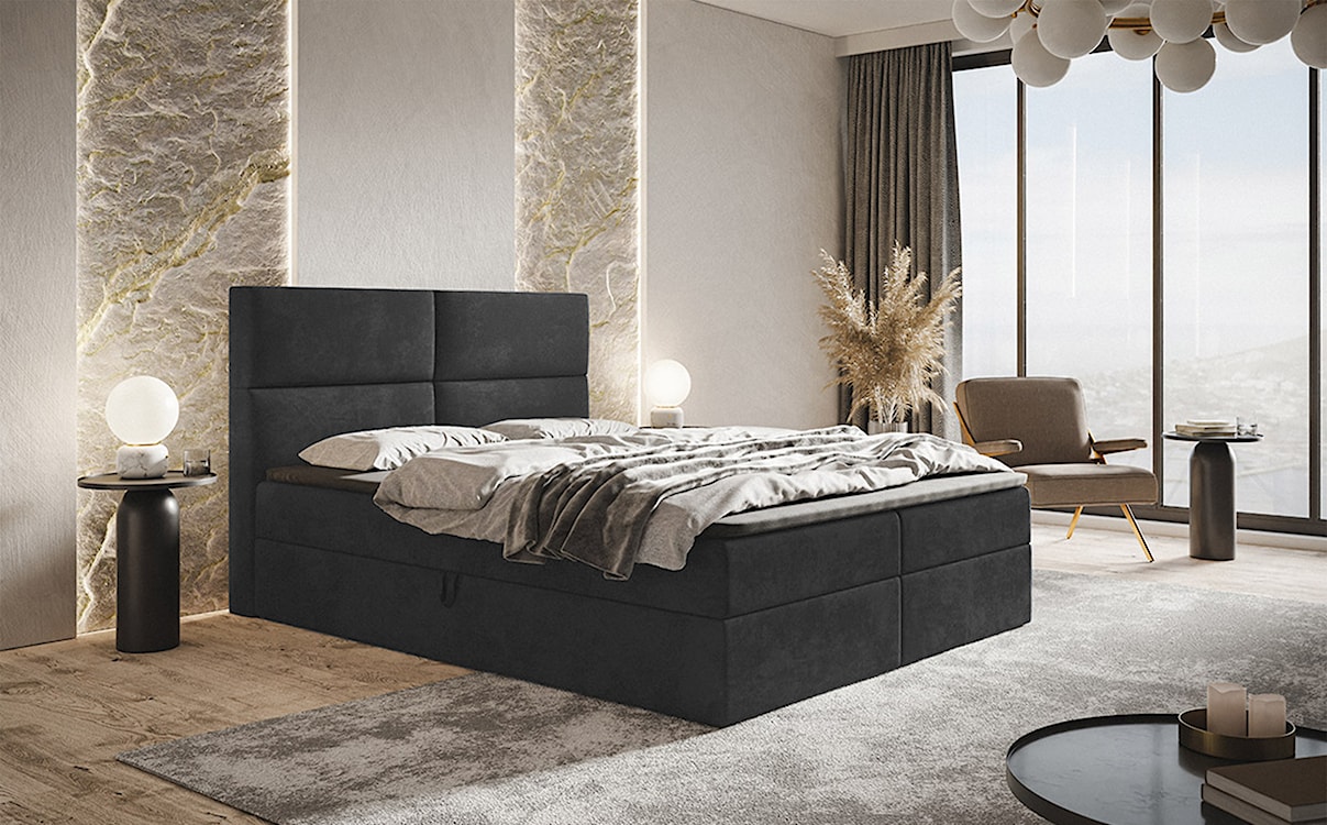 Łóżko kontynentalne 140x200 cm Balzetti z poziomymi panelami na wezgłowiu z pojemnikami i topperem materac pocketowy ciemnoszare  - zdjęcie 2