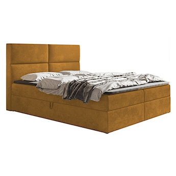 Łóżko kontynentalne 160x200 cm Balzetti z poziomymi panelami na wezgłowiu z pojemnikami i topperem materac pocketowy musztardowe