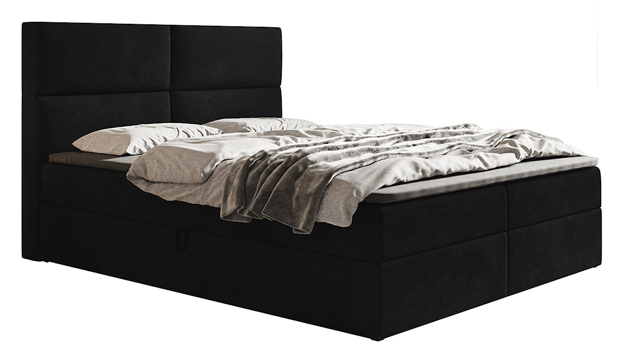 Łóżko kontynentalne 160x200 cm Balzetti z poziomymi panelami na wezgłowiu z pojemnikami i topperem materac pocketowy czarne