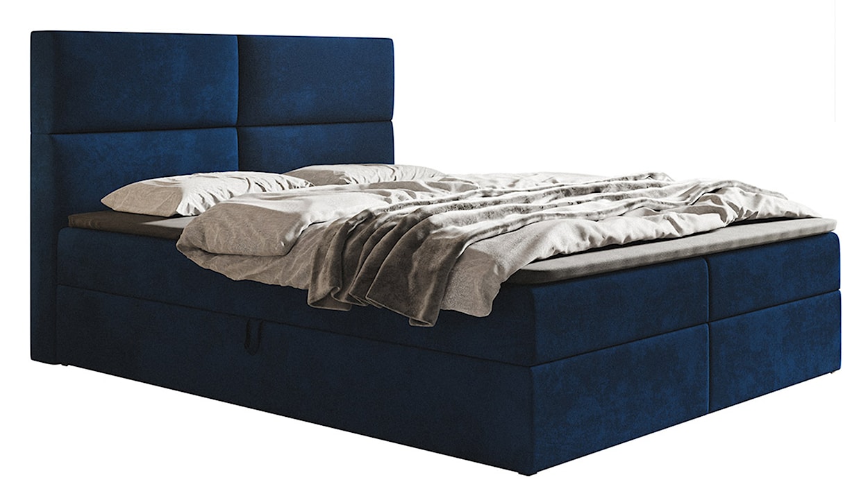 Łóżko kontynentalne 140x200 cm Balzetti z poziomymi panelami na wezgłowiu z pojemnikami i topperem materac pocketowy granatowe