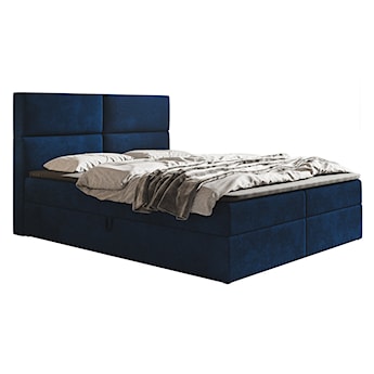 Łóżko kontynentalne 160x200 cm Balzetti z poziomymi panelami na wezgłowiu z pojemnikami i topperem materac pocketowy granatowe