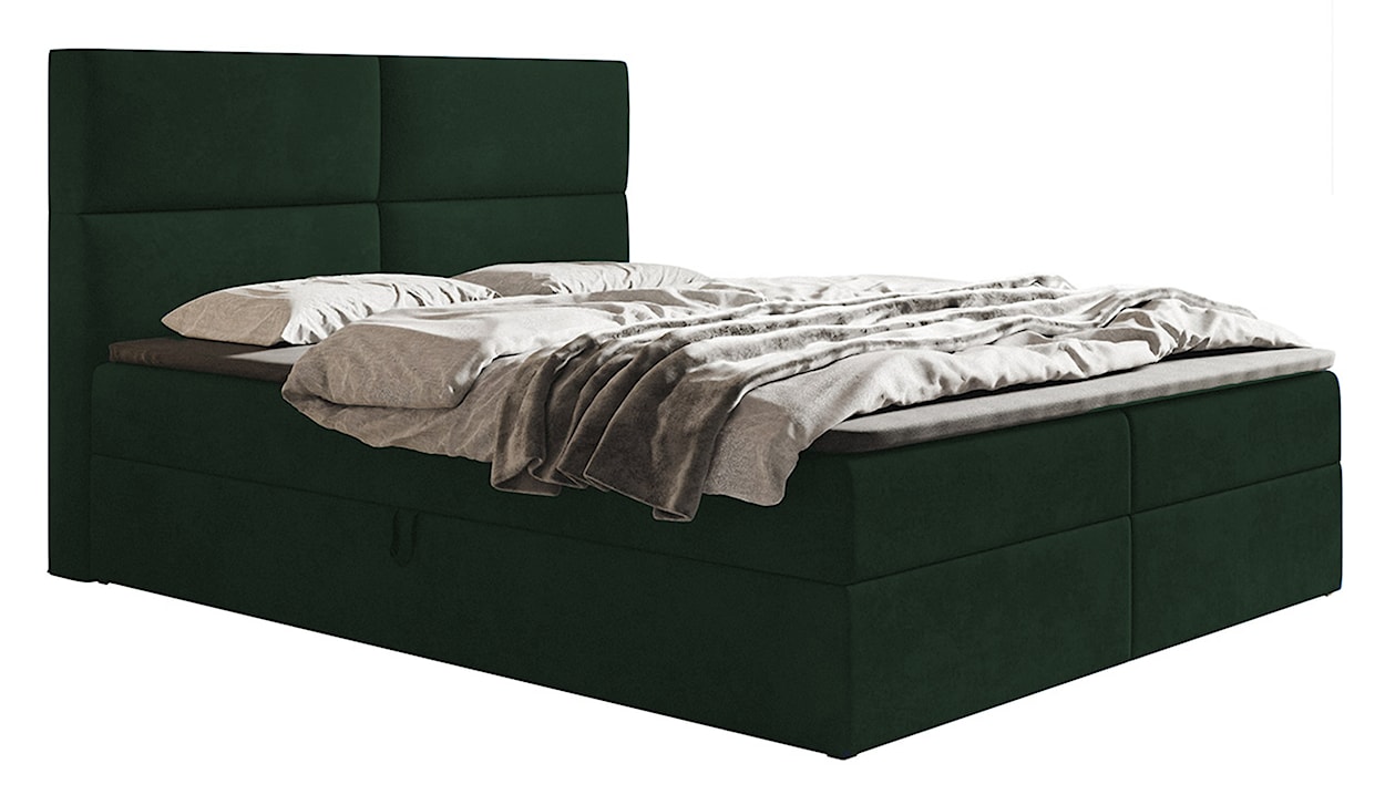 Łóżko kontynentalne 160x200 cm Balzetti z poziomymi panelami na wezgłowiu z pojemnikami i topperem materac pocketowy ciemnozielone