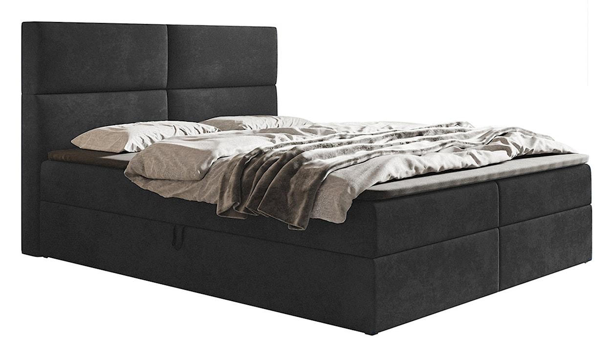 Łóżko kontynentalne 140x200 cm Balzetti z poziomymi panelami na wezgłowiu z pojemnikami i topperem materac pocketowy ciemnoszare
