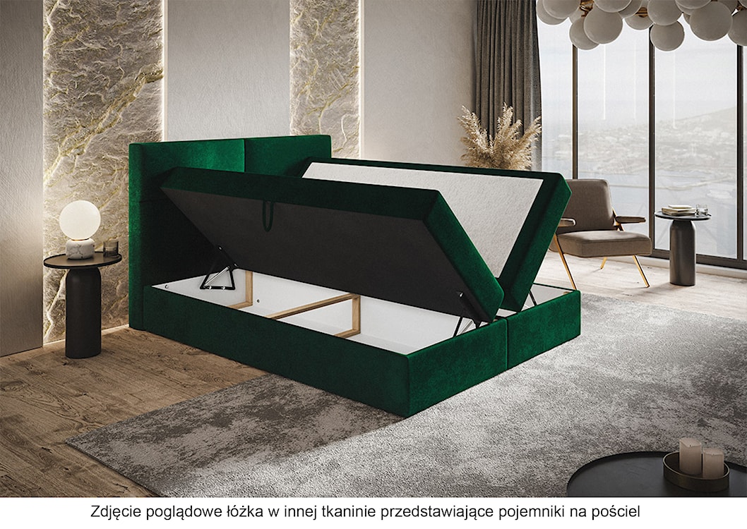 Łóżko kontynentalne 160x200 cm Balzetti z poziomymi panelami na wezgłowiu z pojemnikami i topperem materac pocketowy ciemnozielone  - zdjęcie 3