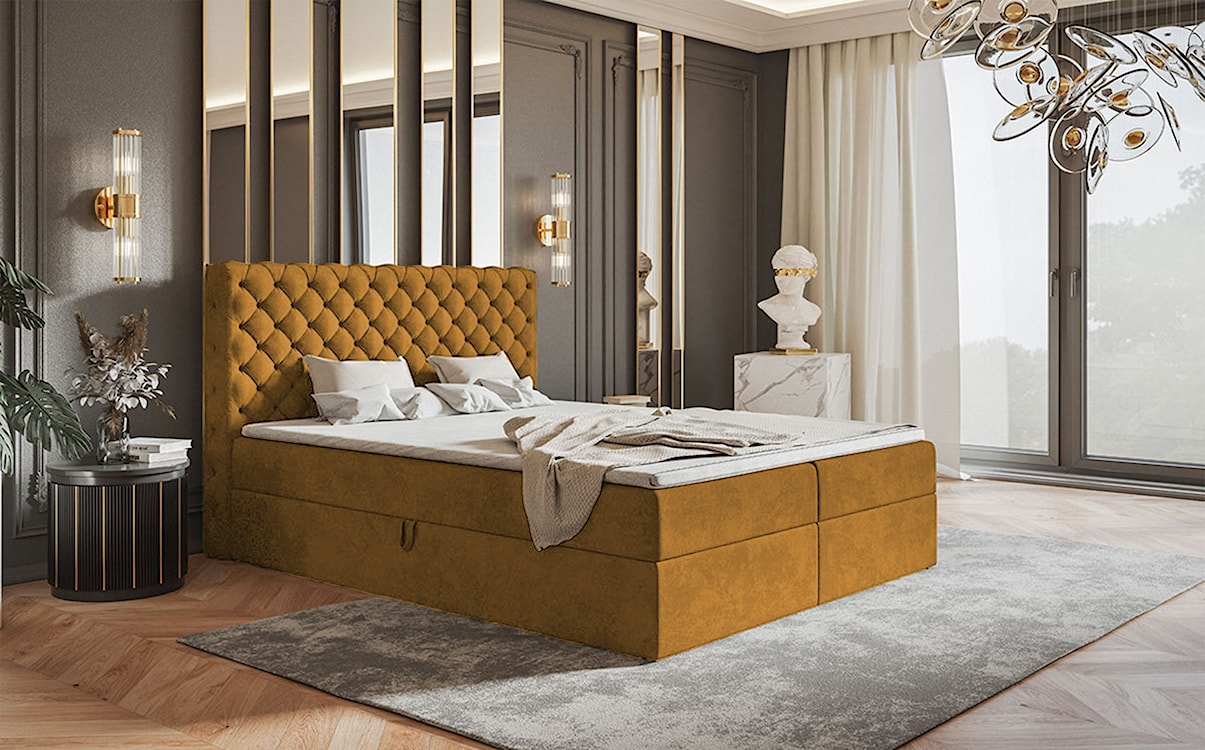 Łóżko kontynentalne 180x200 cm Balzetti z pikowanym wezgłowiem z pojemnikami i topperem materac pocketowy musztardowe  - zdjęcie 2