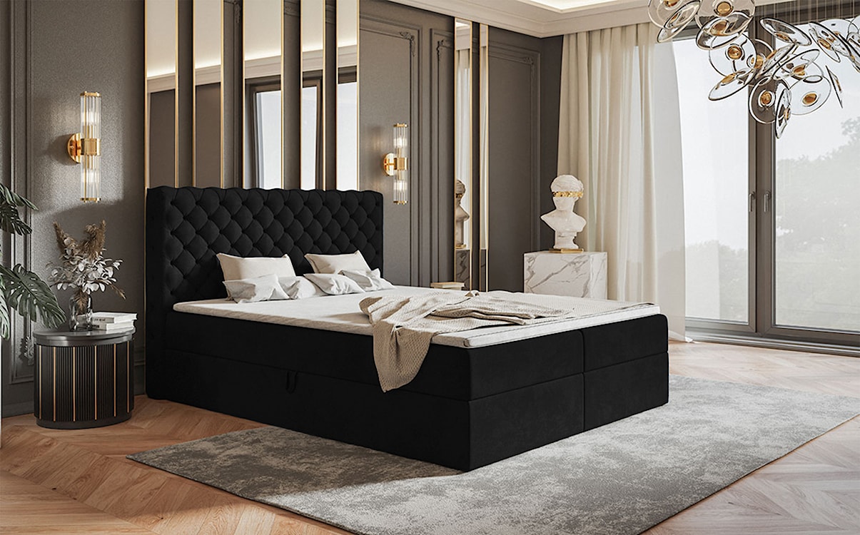 Łóżko kontynentalne 160x200 cm Balzetti z pikowanym wezgłowiem z pojemnikami i topperem materac pocketowy czarne  - zdjęcie 2