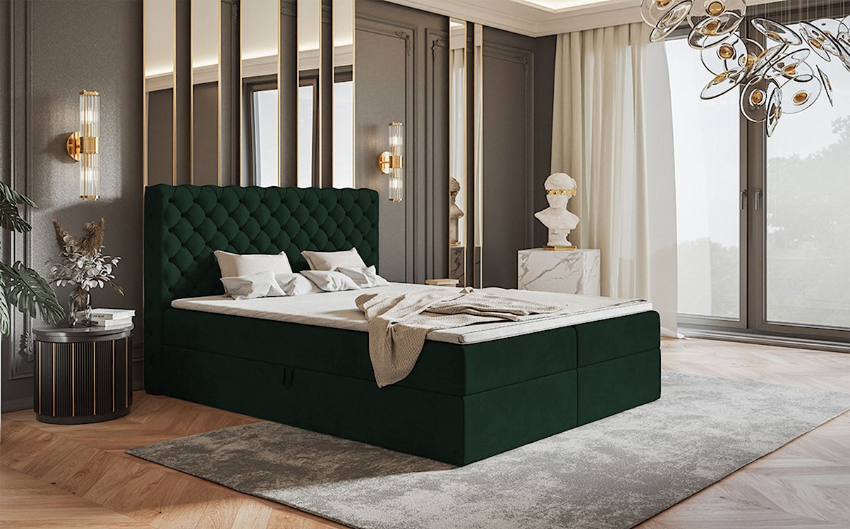 Łóżko kontynentalne 160x200 cm Balzetti z pikowanym wezgłowiem z pojemnikami i topperem materac pocketowy ciemnozielone  - zdjęcie 2